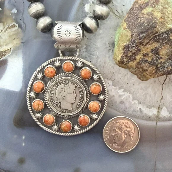 Genuine 1914 90% Silver Barber Head Dime Coin w/Orange Spiny Oyster Pendant
